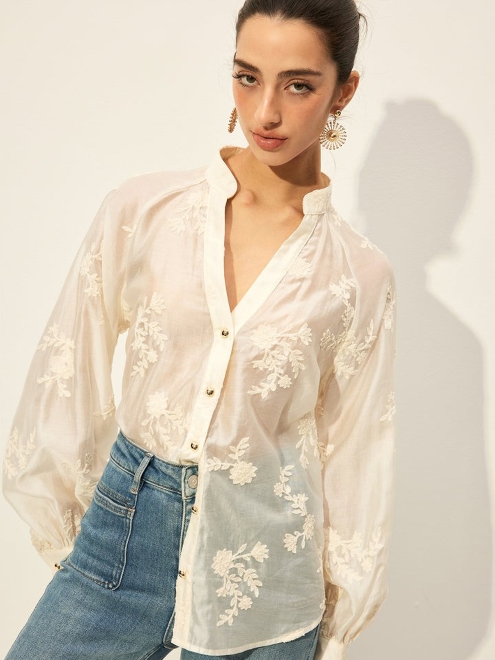 Semi Sheer Floral Embroidered Button-Front Blouse - Cream Off White Size S